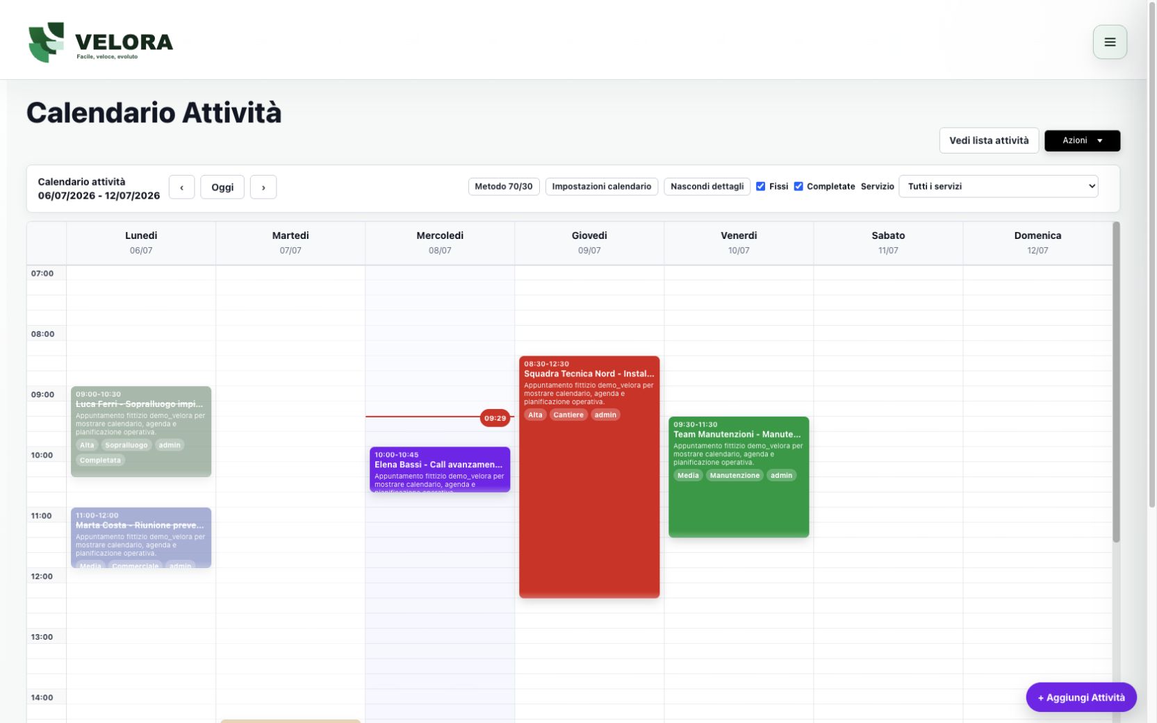Schermata calendario Velora CRM