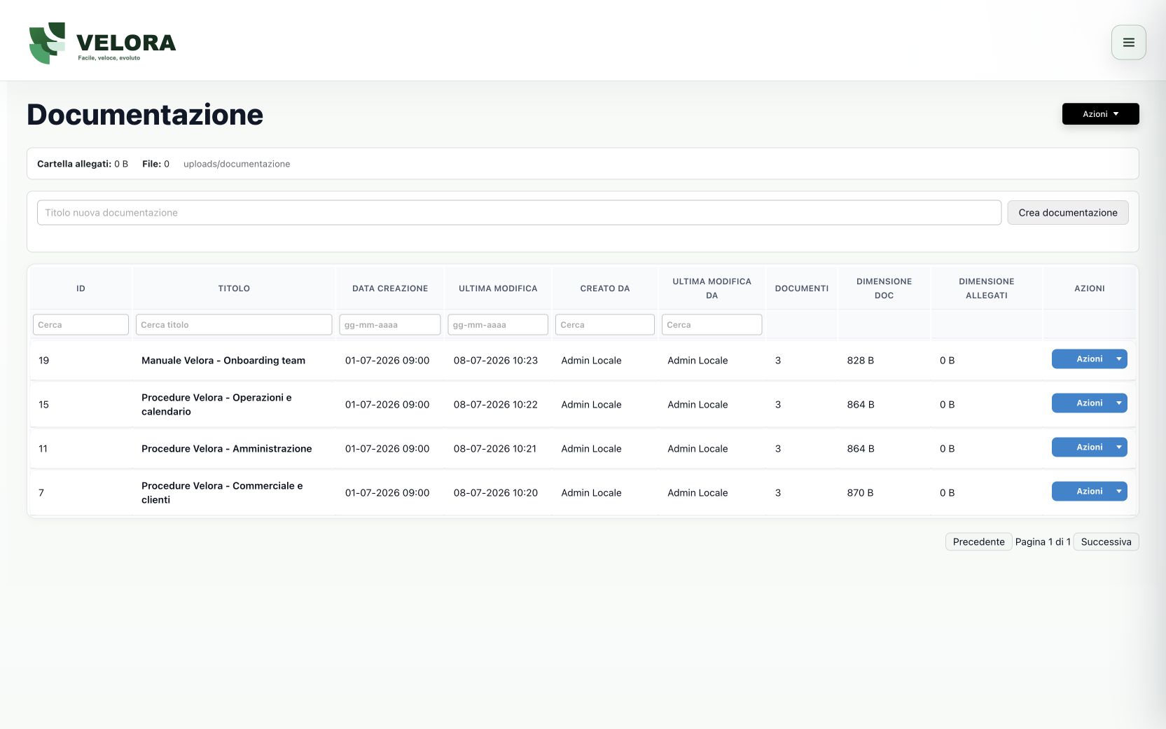 Modulo documentazione Velora CRM con procedure aziendali e manuali operativi